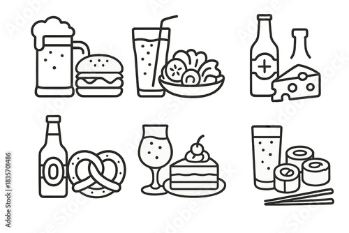Food Pairing Icons. Line style icons of food pairings: brew with burger icon, mock beer and salad plate, tonic and cheese combo,