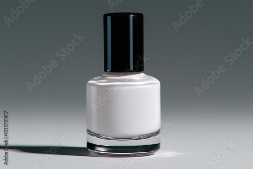 White nail polish bottle on a grey background with soft shadows and highlights during a studio shoot