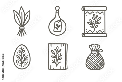 Ethnobotanical Icons Collection. Line style icons of ethnobotanical artifacts: dried leaf bundle, labeled gourd, tribal botanical