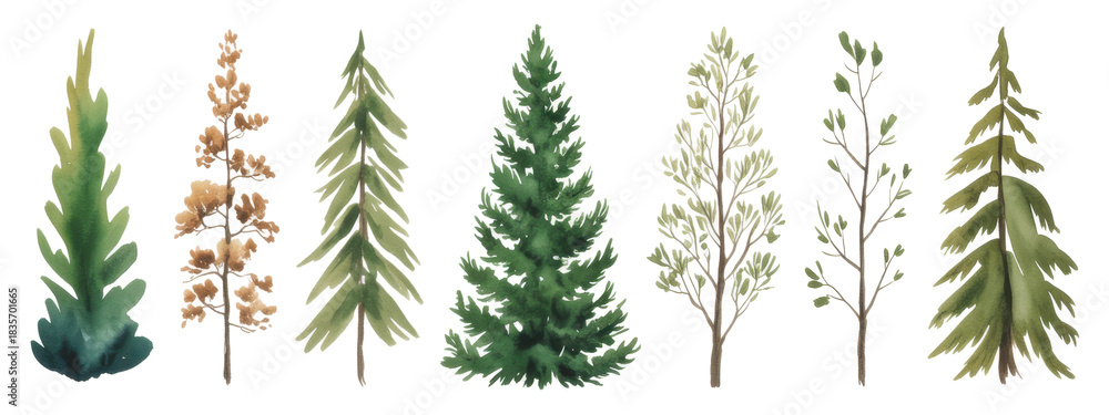 Obraz premium Spruce green tree watercolor illustration, Forest landscape, Fir silhouette 