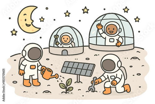 Lunar Base Joy. Adorable doodle scene of cheerful moon base crew — astronauts watering lunar plants, fixing solar panels, and