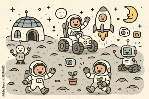 Moon Base Adventure. Cute doodle infographic-style artwork of moon base operations with happy astronauts, robots, and gadgets in a