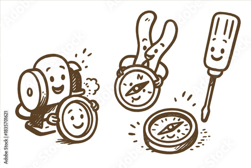 Happy Compass Creation. Fun doodle illustration of compass making process — happy parts being polished, assembled, and tested by