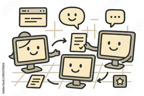 Digital Collaboration Fun. Adorable doodle scene of cheerful coworkers represented by happy screens and chat bubbles collaborating