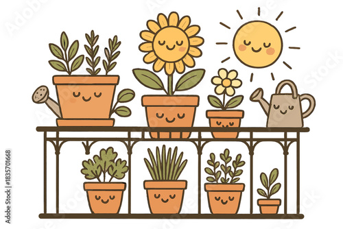 Cheerful Balcony Gardening. Cute doodle illustration of urban balcony gardening with smiling flower pots, herbs, and watering cans