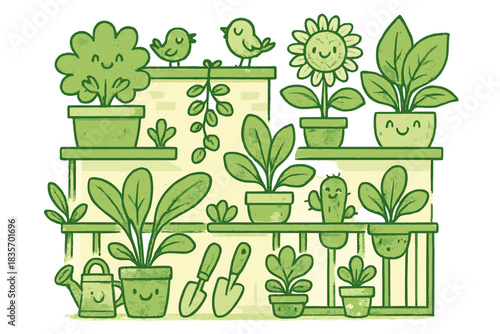 Harmonious Balcony Garden. Delightful doodle of a green city balcony full of smiling plants, birds, and garden tools working in