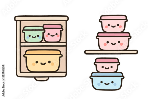Whimsical Meal Prep Doodles. Whimsical doodle of cute meal prep boxes labeled by colors and sizes, smiling as they fit perfectly