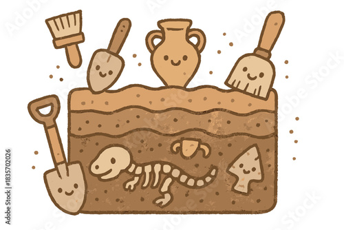 Archaeological Doodle Fun. Cute doodle illustration of archaeological soil layer documentation with smiling shovels, brushes, and