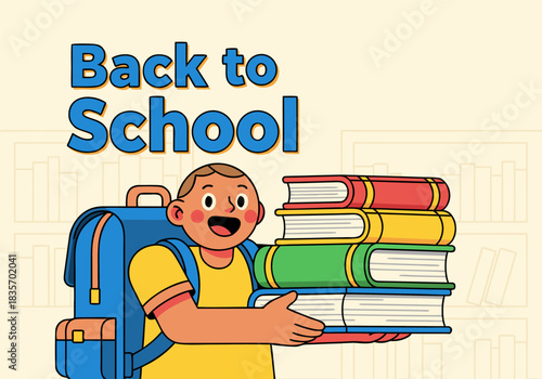 Back to School Illustration with Happy Boy Carrying Books
