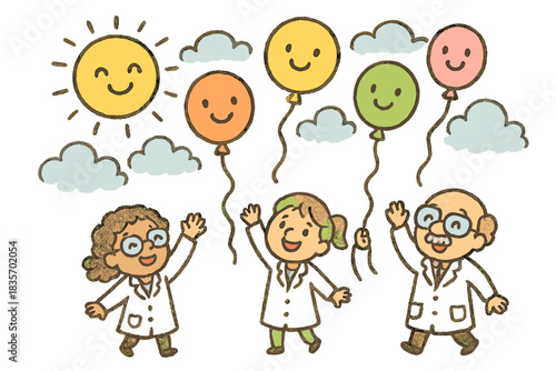 Joyful Scientists' Balloon Release. Whimsical doodle of cute scientists releasing smiling balloons into a bright sky filled with
