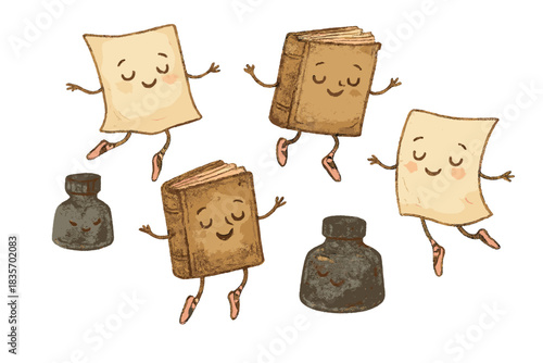 Dancing Books and Ink. Whimsical doodle of cute old books and parchment sheets dancing with joyful ballet shoes and ink bottles,