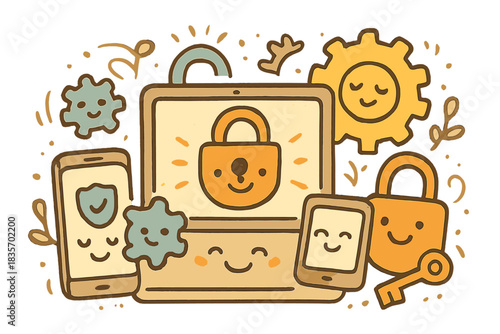 Happy Safe Devices. Delightful doodle of happy devices, gears, and locks cooperating to ensure safe privacy settings in a cozy