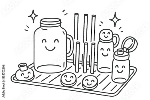 Joyful Bottle Doodle. Charming doodle art of a tidy drying rack with joyful bottles, detachable lids, and straws beaming after
