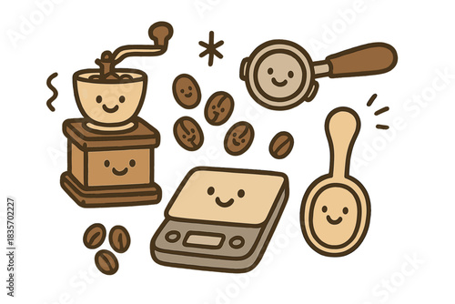 Playful Coffee Tools. Cute doodle vector of barista tools—grinder, scale, filter, and joyful coffee scoop—arranged playfully with