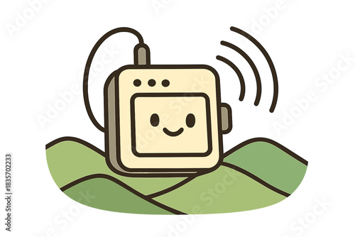 Cheerful Echo Device. Adorable doodle vector of small portable echo tool with happy display screen and bouncing sound rings over