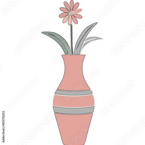 A delicate pink flower with green leaves in a coral vase with grey stripes on a black background a simple decorative object a pleasing aesthetic