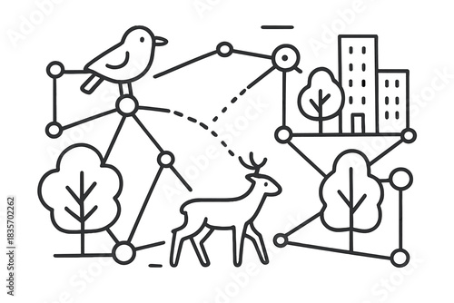 Nature Data Network. Doodle-style vector composition of connected data nodes shaped like birds, trees, and buildings monitoring