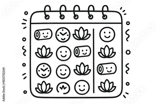 Cheerful Yoga Calendar. Doodle-style vector illustration of cheerful yoga studio calendar with smiling mats, clocks, and lotus