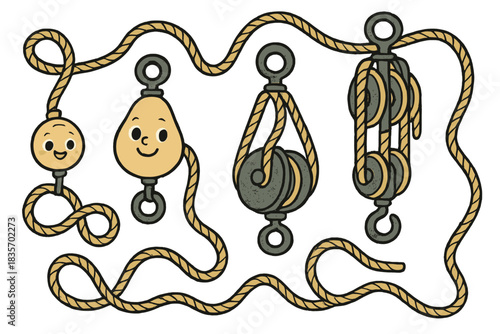 Playful Rigging Characters. Whimsical doodle vector of rigging diagram turned into playful characters—ropes looping around