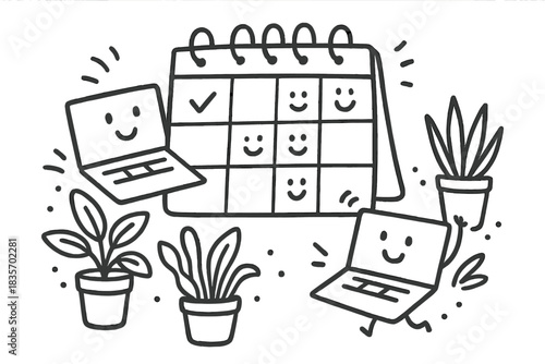 Joyful Calendar Collaboration. Whimsical doodle vector of friendly calendar interface arranging co-working sessions with joyful