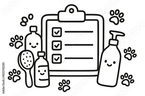 Grooming Essentials Doodle. Adorable doodle vector of grooming checklist board with smiling brushes, shampoo bottles, and