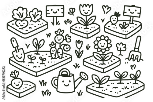 Cheerful Garden Doodles. Doodle-style vector illustration of cheerful garden plots with smiling plants, tools, and signs organized