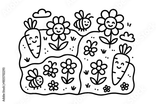 Cheerful Garden Doodle. Doodle-style vector illustration of cheerful garden chart with labeled areas shown by smiling carrots,