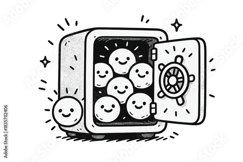 Cheerful Data Vault. Doodle-style vector illustration of cheerful glowing data vault filled with smiling memory orbs representing