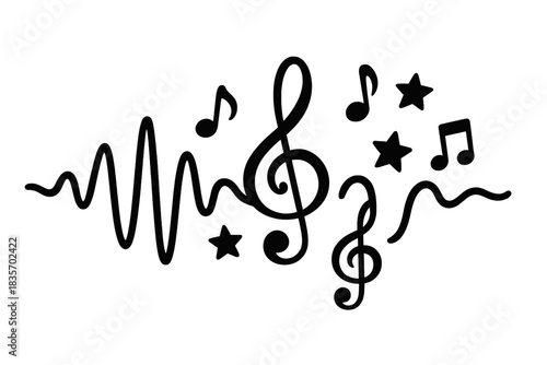Harmonious Waveform Art. Adorable doodle vector of waveform display where gravitational curves morph into joyful treble clefs and