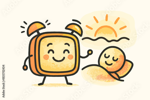 Happy Alarm Sync. Doodle-style vector illustration of happy alarm system syncing with user’s sleep patterns and glowing in warm