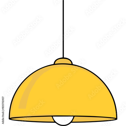 A Bright Yellow Dome Shaped Pendant Light Fixture with a White Light Bulb Hanging from a Black Cord on a Black Background Isolated Studio Shot