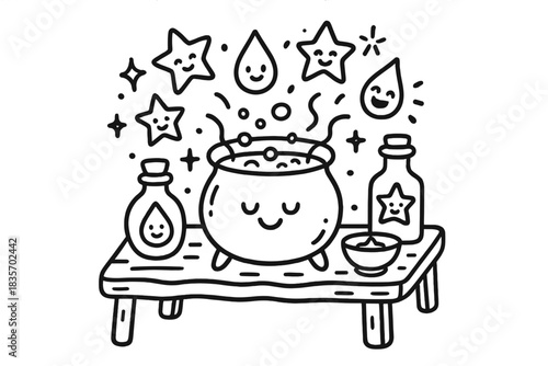 Magical Brewing Table. Doodle-style vector illustration of magical brewing table with smiling ingredients—stars, teardrops,