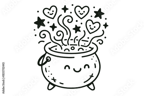 Cheerful Alchemy Cauldron. Doodle-style vector illustration of cheerful alchemy cauldron brewing glowing dream fuel with smiling