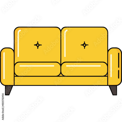 A bright yellow two-seater modern sofa with dark tapered legs set against a plain black background perfect for interior design concepts