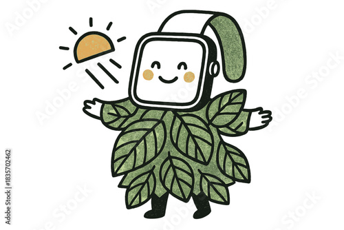 Wearable Leafy Tracker. Whimsical doodle vector of friendly wearable device tracking light absorption on a joyful leafy outfit, No