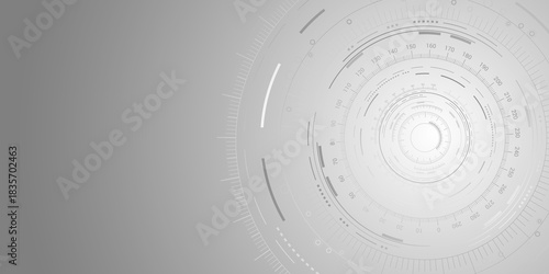 Abstract monochrome tech background with asymmetrical circular HUD elements and copy space. For presentations, dashboards or UI design. Clean, neutral, functional