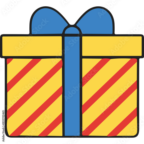 A brightly colored yellow gift box with red diagonal stripes tied with a blue ribbon and bow, simple flat illustration on white background
