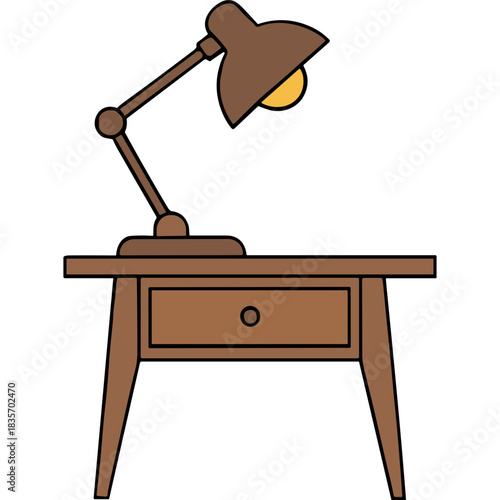 A Brown Desk Lamp With A Yellow Light Bulb Sits On Top Of A Wooden Desk With A Single Drawer In Front Of A Black Background