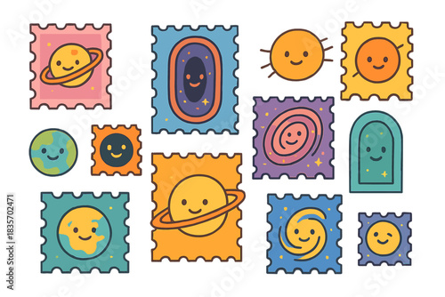 Whimsical Cosmic Stamps. Whimsical doodle vector of floating stamps from alternate realities shaped like planets, portals, and