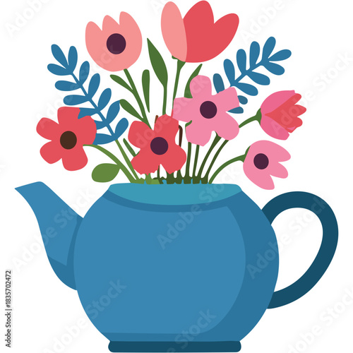 A Charming Blue Teapot Overflowing With a Vibrant Bouquet of Pink and Coral Flowers and Green Foliage Against a Black Background