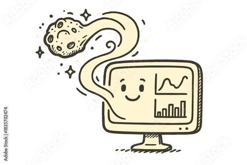 Meteorite Data Transformation. Doodle-style vector illustration of glowing meteorite dust swirling into data graphs on a cheerful