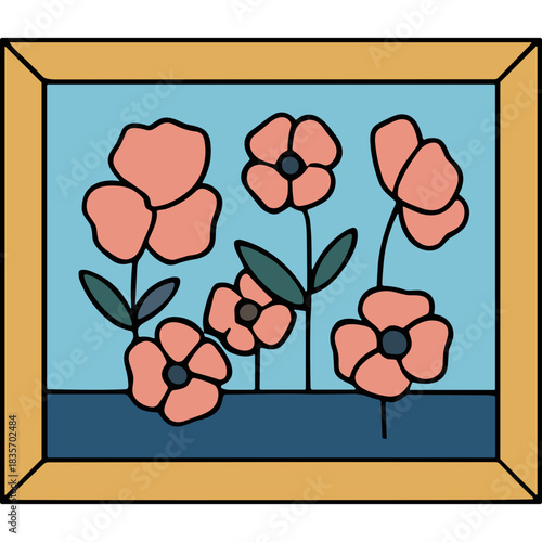 A charming illustration of coral pink poppies with dark centers and green stems set against a sky blue background within a golden wood frame on a navy blue surface, simple folk art style