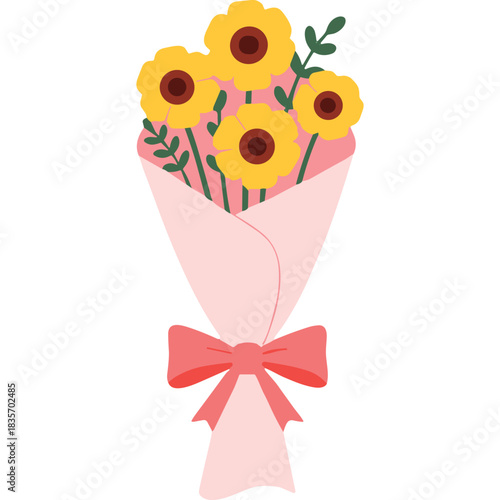 A Cheerful Bouquet of Yellow Sunflowers Tied With a Pink Ribbon on a Soft Pink Background