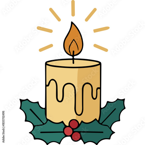 A Christmas Candle Glowing Warmly With Holly Berries and Leaves Decoration Elegant Festive Illumination For Holiday Season Celebrations