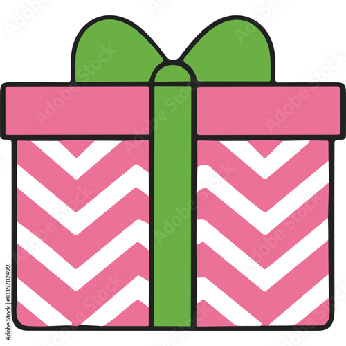 A Cheerful Pink Gift Box Wrapped With A Green Ribbon And A Bow Featuring A White Chevron Pattern Isolated On A White Background