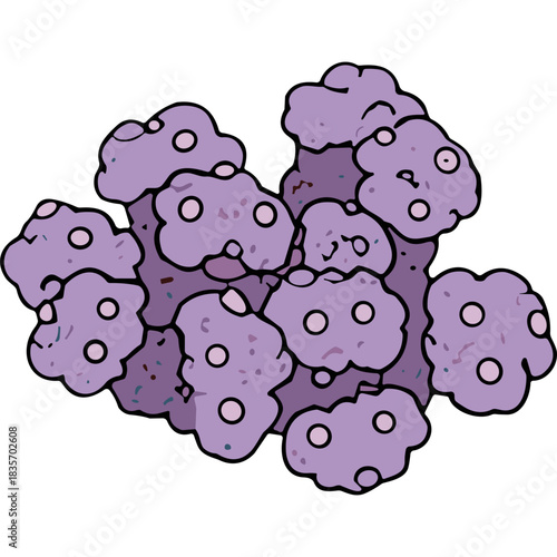 A cluster of abstract purple fluffy cloud-like organic shapes with circular highlights against a black background