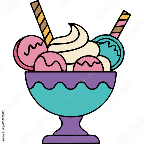 A colorful dessert sundae in a purple and teal bowl with pink and blue ice cream scoops topped with whipped cream and wafer cookies isolated on a black background