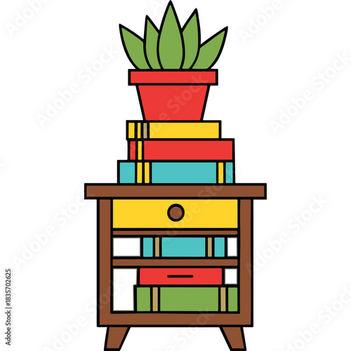 A Colorful Stack Of Books On A Wooden Nightstand With A Potted Plant On Top Against A Black Background