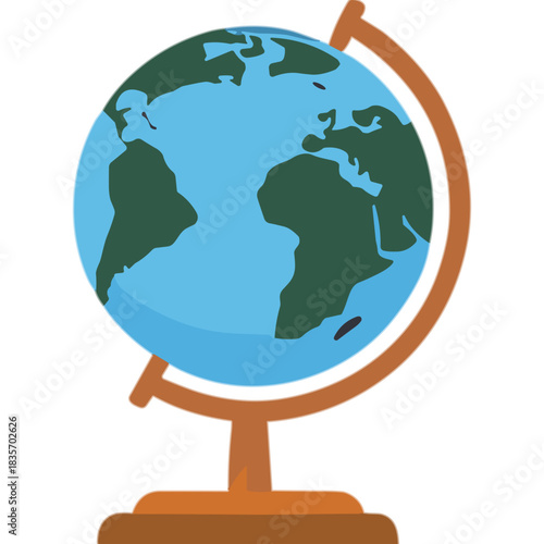 A Colorful Globe Showing Continents and Oceans on a Wooden Stand Against a Transparent Background Illustrating Geography and Global Awareness