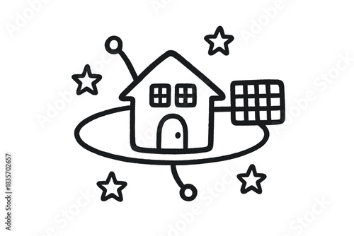 Satellite House Doodle. Playful doodle house shaped like a small satellite with antennas and orbiting stars, symbolizing global
